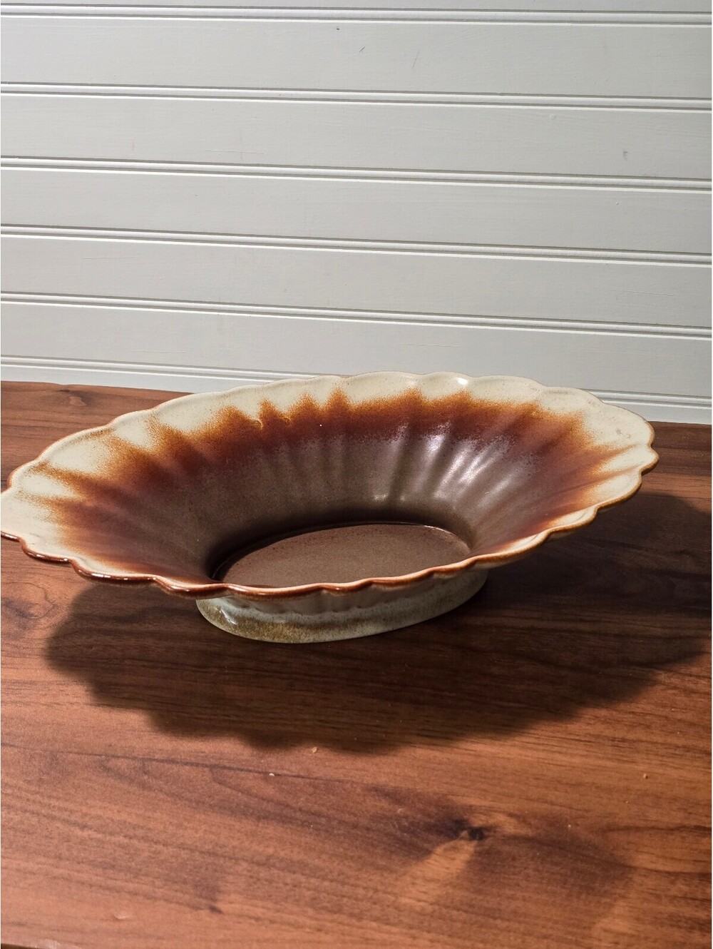 Vintage Ceramic Footed Serving Bowl with Brown and Cream Glaze